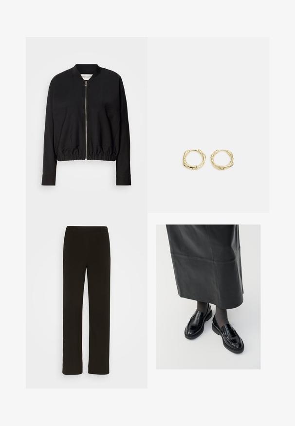 Sort bomberjakke med lynlås, to frontlommer og en gathered nederste kant. Har lange ærmer og et let materiale.; Sort ærmeløs turtleneck top, lavet af glat stof. Figurtilpasset design med høj hals og lige kant, minimalistisk og ensfarvet.; Sorte, lige bukser lavet af vævet stof, med flad front, to sidelommer og en glat tekstur. Ingen synlige mønstre eller accenter.; Sorte læder loafers med en glat finish, prydet med en dekorativ rem, rund tå og tekstureret sål. Båret med en lang sort læderskirt.; Gul hoop ørestikker med en struktureret, uregelmæssig form. Har en sømløs lukning og en poleret overfladefinish, der fremhæver et moderne design.