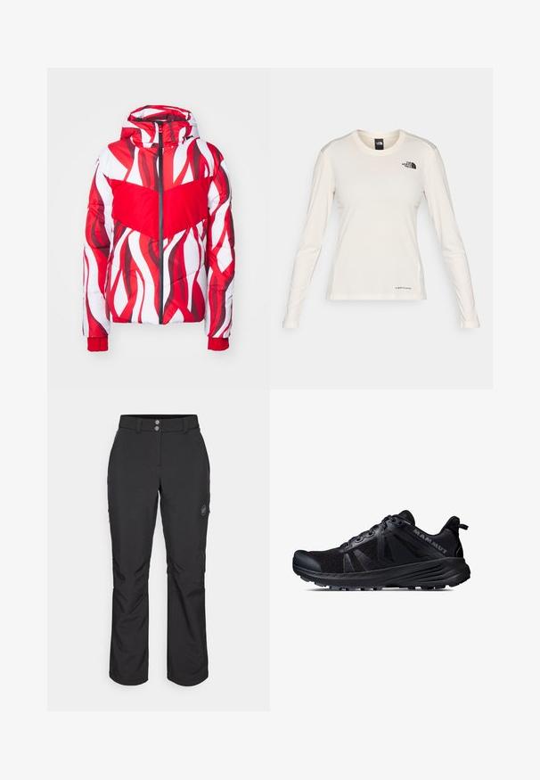 Puffernadrág, élénk piros és fehér hullámos mintával, cipzáros elülső résszel és kapucnival. Texturált anyag, rugalmas mandzsettákkal a kényelmes illeszkedésért.; The North Face SHADOW LONG SLEEVE - Hosszú ujjú felső - white dune; Fekete, egyenes szabású kinti nadrág, gombos záródással, cipzáros oldalzsebekkel és logóval a bal combon.; Fekete terepfutó cipő hálós felsőrésszel és gumitalppal. Texturált betétekkel, megerősített orr résszel és márkalogóval a saroknál.