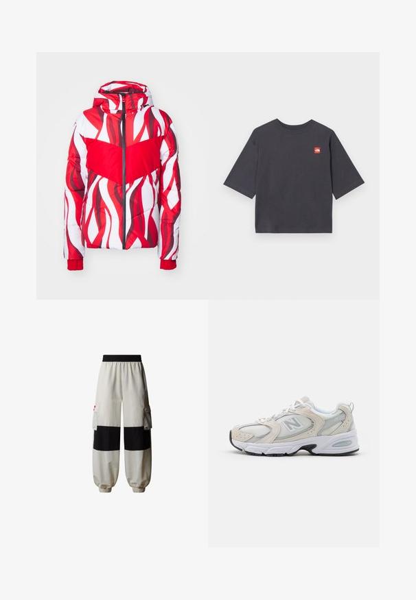 Bundučka s prešívaním v žiarivej červenej a bielej vlnitej vzoru, so zipsom vpredu a kapucňou. Textúrovaná tkanina s elastickými manžetami pre pohodlné nosenie.; Tričko s krátkym rukávom, tmavošedé, vyrobené z bavlny. Na ľavej strane hrude sa nachádza štvorcová červená nášivka s logom. Bežný strih s okrúhlym výstrihom.; The North Face HIMALAYAN - Kapsáče - white dune tnf black; Športová obuv s hornou časťou zo svetlošedého sieťového materiálu so semišovými akcentmi, bielymi šnúrkami a čiernou gumovou podrážkou. Výrazný detail odpruženia ABZORB.