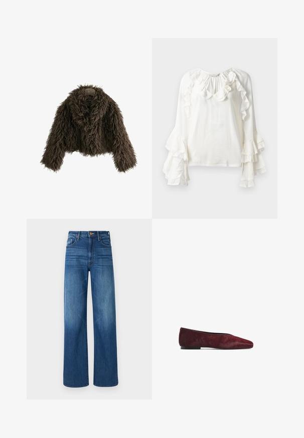 Brown faux fur cropped jacket with a wide collar and long sleeves, featuring a shaggy texture and an unstructured design.; Copenhagen Muse NORMA - Blouse - jet stream; Mother THE LASSO SNEAK - Relaxed fit jeans - dark blue denim; Ballet flat in dark red, made of hair-on-hide material. Features a pointed toe and a flat black sole, showcasing a smooth texture.