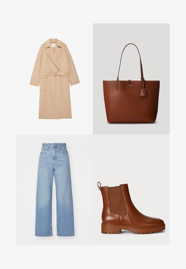 Beige Fischgrätmuster-Mantel mit Reverskragen, doppelter Knopfleiste, Gürtel in der Taille und zwei vorderen Taschen. Aus einem texturierten Stoff gefertigt.; Helles Cremefarbendes Sweatshirt, lange Ärmel, runder Halsausschnitt, gestrickte Textur, gerippte Bündchen und Saum, Etikett mit der Aufschrift "LAUREN." Einfaches, minimalistisches Design.; Hellblaue High-Waist-Weite-Leg-Jeans mit Knopf- und Reißverschluss vorne, Vorder- und Rückentaschen, auf weißem Hintergrund.; Braune Lederknöchelstiefel mit elastischen Seiteneinsätzen, einer Zugschlaufe und einem robusten Sohlen design. Glatte Textur mit einer eleganten Silhouette.; Braune Leder-Tote-Bag mit zwei Griffen, einem kleinen anhängenden Tag und einem dezenten Logo auf der Vorderseite. Glatte Textur mit strukturiertem Design.