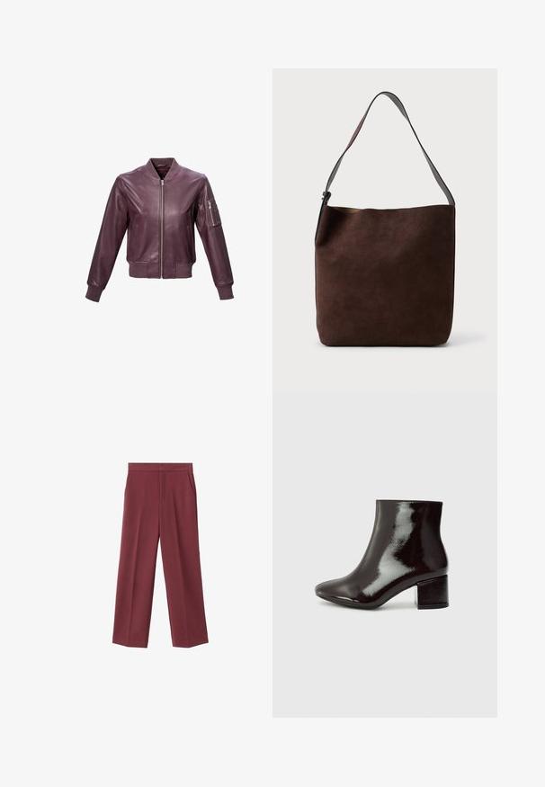 Burgunderfarbene Leder-Bomberjacke mit geripptem Kragen und Bündchen, Reißverschluss vorne und einer Armtasche mit Reißverschluss für zusätzlichen Detail.; Langärmliges Oberteil in tiefburgunder, aus weichem, elastischem Stoff. Empfiehlt einen runden Halsausschnitt und eine taillierte Form. Keine sichtbaren Muster oder Akzente.; Weinrote Hose mit weitem Bein aus glattem Material, ausgestattet mit seitlichen Taschen und einem hohen Taillendesign. Mit einem klaren vorderen Bügel gefaltet.; Schwarze Lackleder-Stiefeletten mit spitzer Zehe und einem klobigen Absatz. Glatte Textur mit einem dezenten Glanz und klaren Linien, minimalistisches Design.; Braune Wildleder-Schultertasche mit glatter Textur und einem einstellbaren Tragegurt; zeichnet sich durch ein minimalistisches Design und dezente Markierung auf der Vorderseite aus.