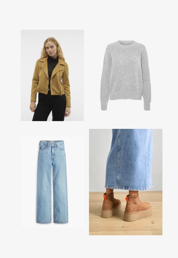 Vero Moda VMJOSE SHORT JACKET - Bunda z nepravej kože - bistre; Sivý pletený sveter s dlhými rukávmi, okrúhlym výstrihom, rebrovanými manžetami a lemom, s mäkkou textúrou a voľným strihom.; Svetlomodré džínsy s vysokým pásom, širokým strihom a vyblednutým vzhľadom. Majú klasický dizajn s piatimi vreckami a kovovým zapínaním na gombík.; Hnedé zamskové platformové čižmy s elastickými bočnými panelmi a oranžovými ťahákmi, v kombinácii s sukňou z ľahkého denimu po kolená, na drevenej podlahe.