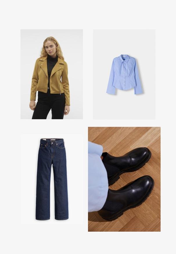 Vero Moda VMJOSE SHORT JACKET - Jakna iz umetnega usnja - bistre; Modra in bela prugasta srajca z dolgimi rokavi in gumbom, s širšim ovratnikom, prilagojenim krojem in ukrivljenim robom. Teksturni bombažni material.; Temno modri kavbojasti jeans ravnega kroja s petimi žepi, oranžnim šivanjem in zapiranjem na gumb.; Črne gležnjarje iz gladke usnje z elastčnimi stranskimi paneli, teksturo gumijastim podplatom in kontrastnim šivanjem ob robu.