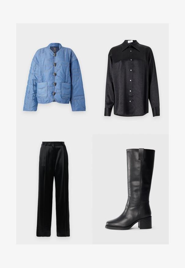 Quilted denim jacket in light blue, featuring a round collar, toggle closures, and dual pockets with decorative stitching details.; Black long-sleeve shirt with a collared neckline, featuring a crinkled texture, full button front, and cuffs. Made from a smooth fabric.; Black high-waist satin trousers with straight wide legs, belt loops, and a flat front closure against a plain white background.; Black leather knee-high boots with a smooth texture, square toe, block heel, and side pull tab, featuring minimal stitching details.