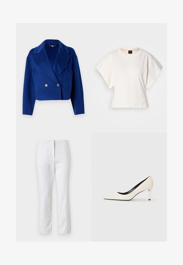 Zaokrąglona niebieska wełniana kurtka z klapami, podwójnie zapinana, z dwiema przednimi kieszeniami i metalowymi guzikami. Gładka tekstura.; Biała, krótka koszulka z szerokimi rękawami, wykonana z miękkiej bawełny, okrągły dekolt z delikatnym pomarańczowym wykończeniem, minimalistyczny design, bez wzorów i grafik.; Białe bawełniane spodnie o prostym kroju nogawki, z średnim stanem, bez widocznych elementów metalowych czy wzorów. Gładka tekstura na całej powierzchni.; Białe lakierowane szpilki z wydłużonym noskiem, smukłym obcasem i czarnym wnętrzem. Gładka faktura i elegancki design.