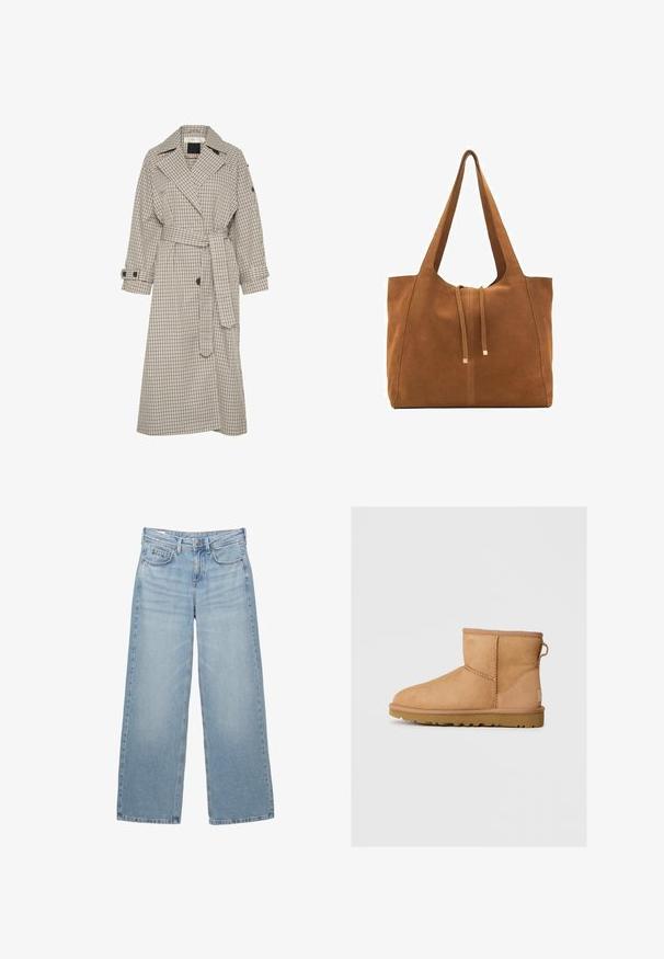 Béžový a námornícky kockovaný trenčkot s veľkým golierom, opaskom v páse a gombíkovými manžetami. Má rovný strih a mäkkú textúru látky.; Krémový pletený sveter s veľkým dizajnom americkej vlajky a iniciálmi "RL" pletenými na prednej strane, s okrúhlym výstrihom a rebrovanými manžetami a lemom.; Biela bavlnená tričko s krátkymi rukávmi, okrúhlym výstrihom a voľným strihom. Materiál vyzerá hladko, bez viditeľných vzorov alebo grafiky.; Svetlomodré denimové nohavice s širokými nohavicami a vysokým pásom, s piatimi vreckami a jemným vyblednutím, s kovovým gombíkom a pútkami na opasok.; Svetlohnedé semišové členkové topánky s okrúhlou špičkou, prešívaním, pútkom na zadnej strane a textúrovanou gumovou podrážkou. Navrhnuté pre pohodlie a teplo.; Hnedá semišová taška cez rameno s dvoma dlhými popruhmi, sťahovacou šnúrkou a minimalistickým dizajnom. Hladký povrch a žiadne viditeľné kovové doplnky.