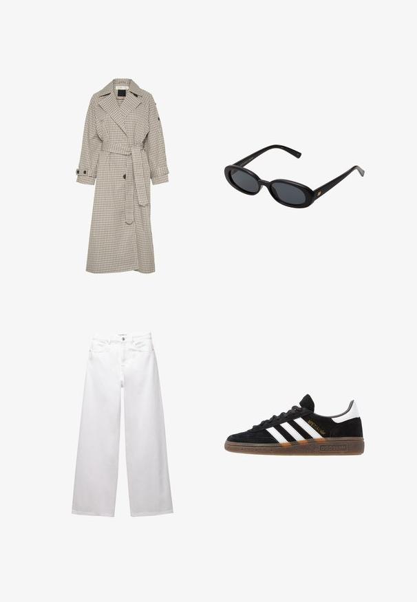 Bež i mornarsko plavi karirani baloner s velikim ovratnikom, remenom u struku i zakopčanim manžetama. Ima ravni kroj i mekanu teksturu tkanine.; Bijela pamučna majica bez rukava s izrezom u obliku slova U, tijesnog kroja. Glatka tekstura, jednostavan dizajn i minimalni detalji šivanja.; Bijele traperice širokih nogavica izrađene od denima. Imaju kopčanje na dugme, prednje i stražnje džepove, te šavove. Glatka tekstura s minimalističkim detaljima.; Crni Adidas tenisice s bijelim prugama, zlatnim natpisom "Spezial", gumeni potplat i bijeli oznaka na peti, prikazane u bočnom pogledu.; Crne velike sunčane naočale s ovalnim staklima, glatkim plastičnim okvirom i zlatnim detaljima na sljepočnicama. Tamna stakla pružaju zaštitu od sunca.; Crna torba za rame izrađena od glatkog materijala, sa zakrivljenim oblikom, zlatnim patentnim zatvaračem i zlatnim reljefnim logotipom na prednjoj strani.