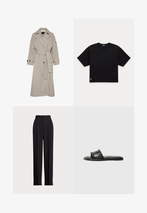 Beež ja tumesinine ruuduline trench coat suure kraega, vööpind ja nööpidega mansetid. Omab sirget lõiget ja pehmet kangasteksti.; Must musta t-särk lühikeste varrukatega, ümar kaelus ja väike valge logo alumisel vasakul küljel. Klassikaline, kastikujuline lõige minimaalsete detailidega.; Mustad kohandatud püksid kõrge vöökohtaga, ees plisseeritud, sirge sääre disainiga ja mansetiga hem. Valmistatud sileda kangaga.; Mustmust nagu nahast sandaalid, millel on kootud rihm, lame tall, ja Nub kerge disain. Sile tekstuur ja minimalistlik profiil.
