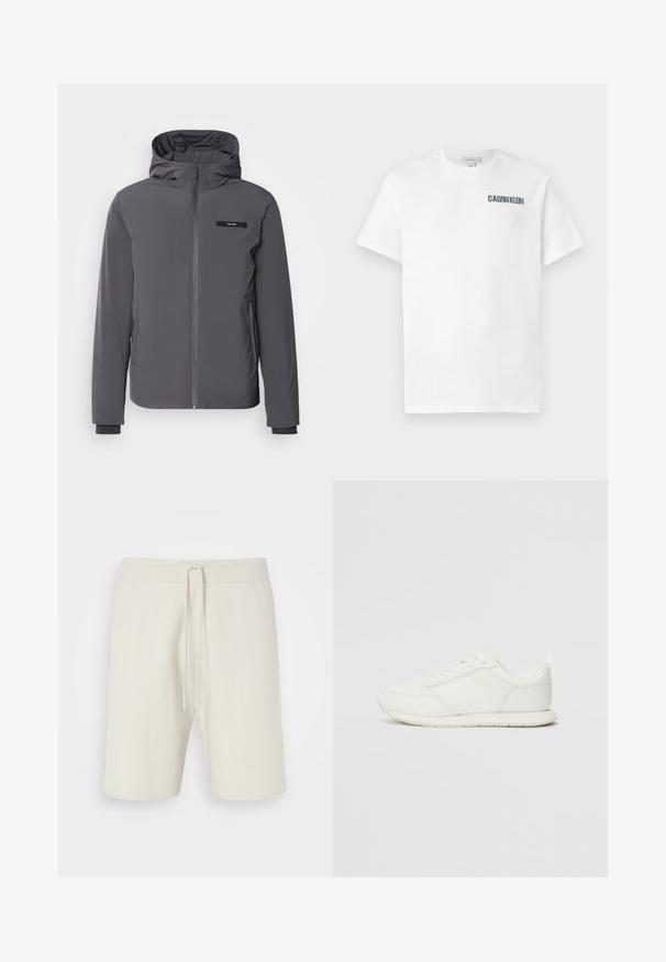 Harmaa hupullinen takki, jossa on etuvetoketju, joustavat hihansuut ja sivutaskut. Rinnassa musta logopatchi. Tyylikäs, sileä kangas.; Valkoinen puuvillapaidan t-paita, jossa on pyöreä pääntie ja lyhyet hihat. Edessä vasemmassa rinnassa tumma harmaa "CALVIN KLEIN" -logo. Sileä rakenne.; Vaaleanbeige lyhyet housut, jotka on valmistettu teksturoidusta kankaasta. Niissä on kiristysnauhavartalo ja polvimittainen malli, jossa on hillityt pystysuorat raidat.; Valkoiset tennarit, joissa on verkkokankainen ja synteettinen yläosa, pyöreä kärki, litteät nauhat sekä teksturoitu sivuviiru. Kumipohja ja vetoketju takana.