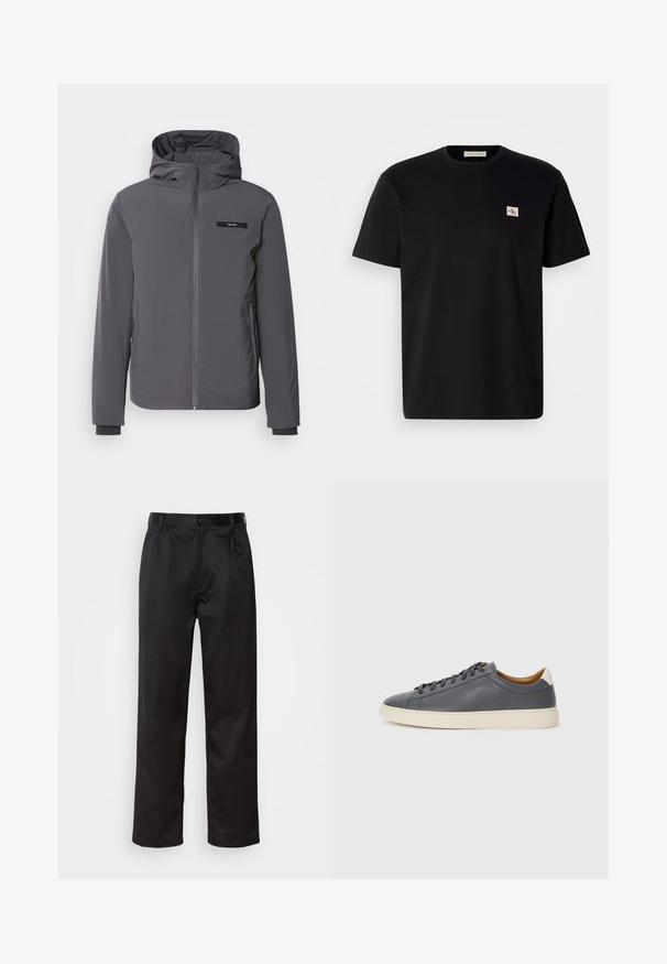 Grå hættejakke med frontlynlås, elastiske manchetter og sidelommer. Har et sort logo-patch på brystet. Slankt, glat stof.; Sort bomulds T-shirt med korte ærmer, rund halsudskæring og et lille broderet logo på venstre bryst. Glat tekstur, almindelig pasform.; Sorte bukser lavet af glat stof, med frontknaplukning, pressefolder og lige ben. Ingen synlige mønstre eller accenter.; Grå lædersneaker med rund tå, gummisål, flade snørebånd og lyse detaljer på hælen. Glat tekstur og minimalistisk design.