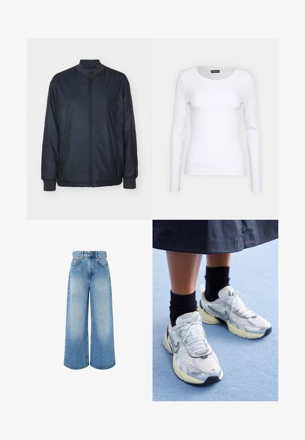 Jūras spēku bumbas jaka, kas izgatavota no viegla, gluda auduma; aprīkota ar priekšējo rāvējslēdzēju, sānu kabatām, kā arī ribotām piedurknēm un apkakli. Nav rakstiem.; Balts ribots garām piedurknēm krekls ar apaļu kakla izgriezumu. Izgatavots no elastīga auduma, kas pieguļ ķermenim. Iezīmējas ar smalkām horizontālām līnijām.; Gaiši zili, plata kāju džinsi, izgatavoti no denima, ar augstu jostasvietu, pogu aizdari un vieglu izlīdzināšanu ar tīrām apakšmalām.; Baltie un sudraba Nike kedas ar tīkla audumu, atstarojošiem akcentiem un bēša zoli. Valkātas ar melnām zeķēm, stāvot uz zilas virsmas.