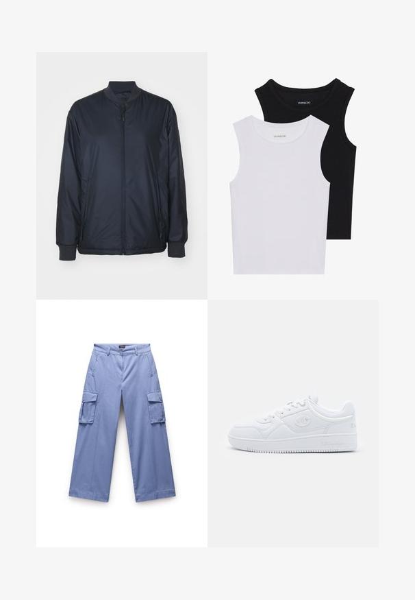 Mornarska bombarder jakna izrađena od lagane, glatke tkanine; sadrži prednji patentni zatvarač, bočne džepove i rebraste manžete i ovratnik. Bez uzoraka.; Dva majica bez rukava u crnoj i bijeloj boji, izrađene od rebrastog pamuka, s okruglim izrezima i prianjajućim dizajnom. Oznake su vidljive na obje.; Svijetloplave cargo hlače izrađene od glatkog materijala. Imaju dvostrane dzepove, opušteni kroj i ravne nogavice s prošivenim detaljima.; Bijele tenisice od glatkog sintetičkog materijala, s okruglim vrhom, ravnim potplatom i suptilnim logotipom na bočnim stranama. Klasičan dizajn s niskim vrhom.