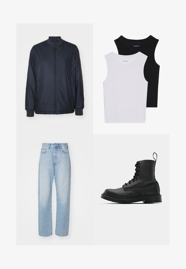 Casaco de piloto marinho feito de um tecido leve e suave; apresenta um fecho frontal de zíper, bolsos laterais e punhos e colarinho ribados. Sem padrões.; Duas blusas sem mangas em preto e branco, feitas de algodão canelado, com decotes redondos e um design ajustado. Etiquetas visíveis em ambas.; Jeans de perna reta de cor azul clara, feitos em denim, com uma cintura alta, design de cinco bolsos e fecho com botão.; Bota de combate em couro preto com bico redondo, atacadores na parte da frente e um puxador no tornozelo. Apresenta uma sola de borracha grossa para maior durabilidade.