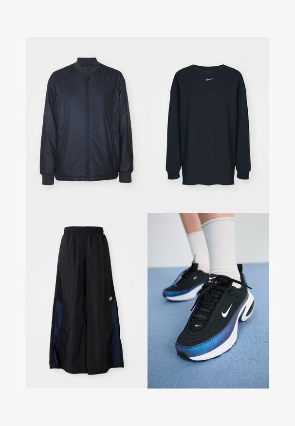 Marine bomberjack gemaakt van lichtgewicht, gladde stof; heeft een ritssluiting aan de voorkant, zijzakken en ribgebreide manchetten en kraag. Geen patronen.; Zwarte lange mouwen T-shirt van katoen met een ronde hals. Bevat een wit Nike-logo op de borst. Zachte textuur, eenvoudig ontwerp.; Zwarte wijdlopende broek van lichtgewicht stof, met een marineblauwe zijpaneel en een elastische tailleband. Klein wit logo onderaan.; Zwarte Nike sneakers met een glad bovenwerk van stof, voorzien van een verloop van blauw naar zwart, witte zool en opvallende logo-accenten.