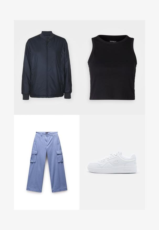 Námořnická bomber bunda vyrobená z lehkého, hladkého materiálu; obsahuje přední zip, postranní kapsy a žebrované manžety a límec. Bez vzorů.; Černý žebrovaný krátký top bez rukávů s kulatým výstřihem. Vyrobeno z měkké a elastické látky, s čistými zakončenými lemy.; Světle modré cargo kalhoty vyrobené z hladkého materiálu. Mají dvojité boční kapsy, volný střih a rovný střih s prošívanými detaily.; Bílé tenisky vyrobené z hladkého syntetického materiálu, s kulatou špičkou, plochou podrážkou a jemnými logo akcenty po stranách. Klasický design nízkých tenisek.