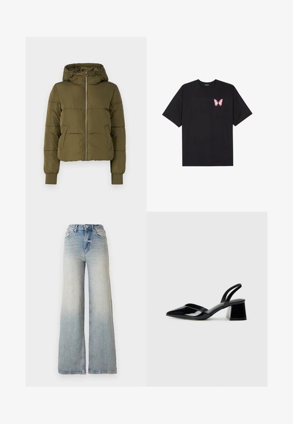Oliven grønn fôret jakke med hette, front glidelås og sidelommer. Har ribbede mansjetter og en kort design med horisontale sømmer.; Svart bomulls T-skjorte med korte ermer, med en liten rosa sommerfugl grafikk på venstre bryst. Crew-neck design med en avslappet passform.; Lyseblå vide jeans laget av denim, med høy midje, fem lommer og synlige sømmer langs sømmene.; Svarte patentlær slingback hæler med spiss tå og geometrisk blokk hæl. Har et stilrent, minimalistisk design og jevn tekstur.