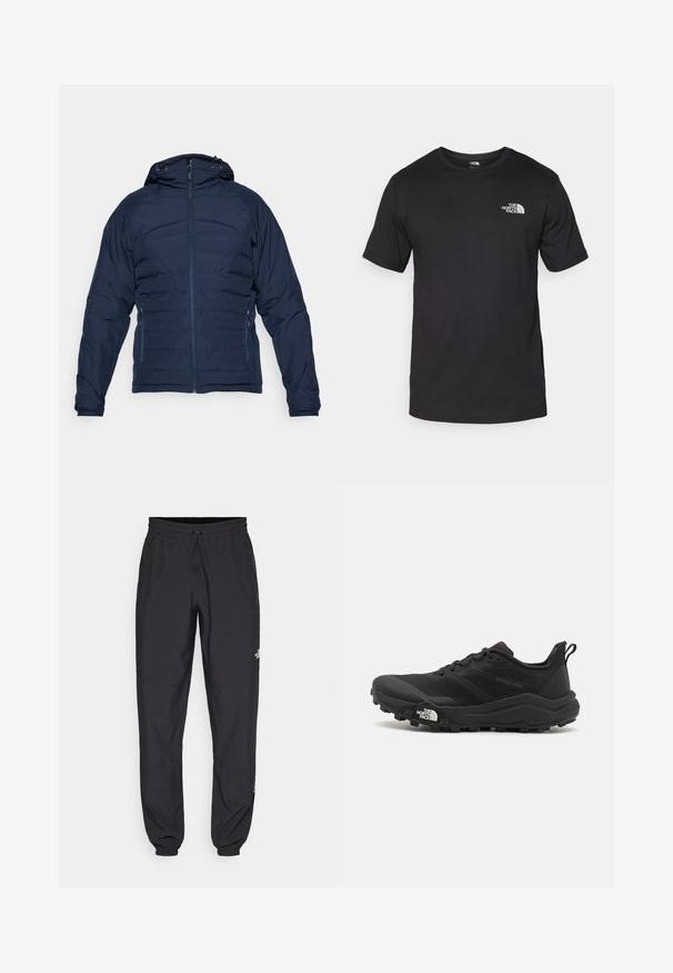 Tamsiai mėlynas pūkinis švarkas su užtrauktuku priekyje, reguliuojama kapučiuku ir elastingomis rankovėmis. Pasižymi elegantišku dizainu ir siuvinėta tekstūra šilumos izoliacijai.; Juodas trumpas rankovės marškinėliai, pagaminti iš medvilnės, su apvaliu kaklu ir mažu baltu logotipu viršutiniame kairiajame krūtinės kampe.; Juodos sportinės kelnės, pagamintos iš lengvos medžiagos, su raišteliu liemens srityje, šoniniais kišenėmis ir siaurėjantys apykaklės prie kulkšnies.; Juoda bėgimo batai su tekstūruotu paviršiumi, guma padais ir sustiprinta pirštų dalimi. Yra paminkštinta apykaklė ir kilpos, leidžiančios lengvai užsidėti.