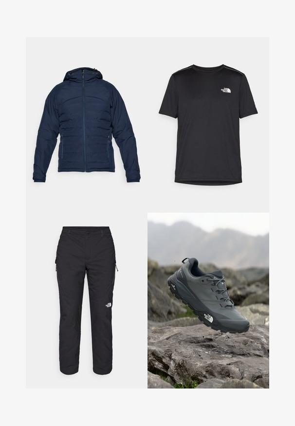 Navy puffer jacket with a zip front, an adjustable hood, and elastic cuffs. Features a sleek design and quilted texture for insulation.; Black short-sleeve T-shirt made from lightweight fabric. Features a small white logo on the left chest and subtle shoulder accents.; The North Face WINTER EXPLORATION TAPERED CARGO - Outdoor trousers - black; Grey trail running shoe with a textured upper, durable rubber sole, and reinforced toe cap. Features laces and brand logo on the side.