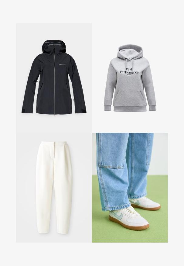 Veste noire imperméable avec capuche, dotée d'une fermeture éclair sur le devant, de poches zippées et de poignets réglables. Tissu lisse avec une coupe ajustée.; Haut en hoodie gris avec poche avant, capuche à cordon de serrage et poignets côtelés. Présente "Peak Performance" et "Est.1986" en texte noir sur le devant.; Pantalons blancs taille haute cintrés avec une fermeture frontale dissimulée et des poches latérales, présentés sur un fond blanc uni.; Baskets blanches avec des accents bleu clair, tige en mesh texturé et semelle en caoutchouc beige, accompagnées d'un jean en denim bleu clair ample.