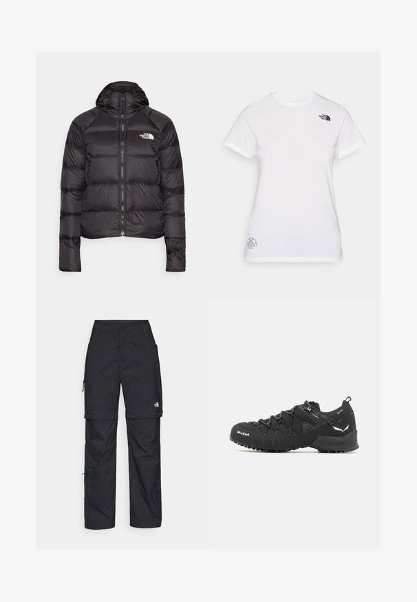 Jachetă puffer neagră cu glugă, cu fermoar în față, design matelassé și un logo pe partea stângă a pieptului. Material neted, ușor.; Tricou din bumbac alb cu un logo negru pe pieptul stâng și un design grafic gri în colțul din dreapta jos. Guler clasic și mâneci scurte.; Pantaloni cargo din nylon negru, cu fermoar detașabil, manșete ajustabile, multiple buzunare și un logo pe piciorul drept. Textură netedă și ușoară.; Pantofi de drumeție negri cu un superior din țesătură texturată, sistem de șireturi și talpă din cauciuc robustă. Accentați cu detalii reflectorizante și logo-uri.