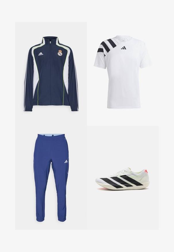 Marinejakke med hvite detaljer og grønn piping, har høy krage, glidelås foran og Adidas-logo på brystet, designet for sport.; Hvit lett atletisk skjorte med svarte striper på venstre skulder og svart logo på brystet. Korte ermer, rund hals design.; adidas Performance TECH APP - Joggebukse - dark blue/glow blue; Hvit idrettssko med svarte diagonale striper, lett mesh-materiale, grønne detaljer og rød hælflikk; har et strømlinjeformet, forlengt design.