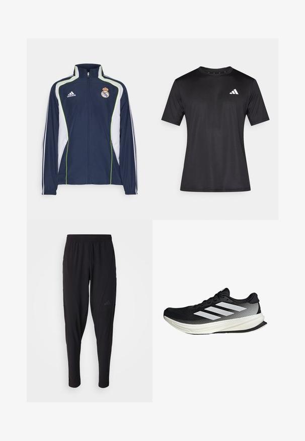 Chaqueta de la marina con acentos blancos y ribete verde, cuenta con un alto cuello, cierre frontal de cremallera y logo de Adidas en el pecho, diseñada para hacer deporte.; Camiseta deportiva negra hecha de tela de malla ligera, con mangas cortas y un logo blanco en la parte izquierda del pecho.; Pantalones deportivos negros con cintura elástica, diseño ajustado, bolsillos laterales y un discreto detalle de logo. Fabricados con un material flexible y transpirable.; Zapato deportivo negro con un diseño de malla, que presenta rayas blancas, una puntera redondeada y una suela texturizada para agarre y soporte.