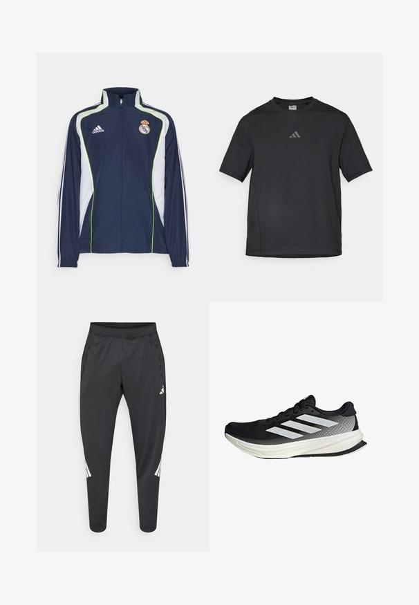 Navy jacket with white accents and green piping, features a high collar, zip front, and Adidas logo on the chest, designed for sports.; Black athletic t-shirt made of breathable material, featuring short sleeves, a round neck, and a reflective logo on the chest.; Black athletic pants with tapered legs, elastic waistband, side pockets, and white logo and stripes detailing. Made from a smooth, lightweight material.; Black athletic shoe with a mesh design, featuring white stripes, a rounded toe, and a textured sole for grip and support.