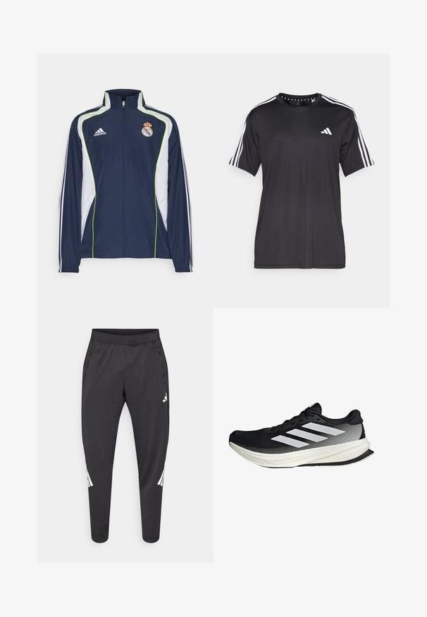 Marinblå jacka med vita detaljer och gröna kontraster, har en hög krage, dragkedja fram och Adidas-logotyp på bröstet, designad för sport.; Svart t-shirt med kort ärm och vit tre-stripes design på axlarna samt logotyp på bröstet. Tillverkad av andningsbart tyg med slät textur.; Svarta sportbyxor med avsmalnande ben, elastisk midja, sidofickor samt vitt logotyp- och randdetalj. Tillverkade av ett mjukt, lätt material.; Svart atletisk sko med nätmönster, som har vita ränder, rund tå och en strukturerad sula för grepp och stöd.