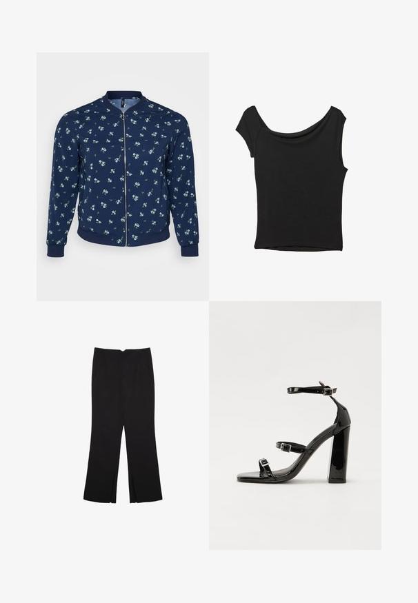 Námorná bombardérka so kvetinovým vzorom, na ktorom sú malé modré kvety a zelené listy, s krátkym zipsom a rebrovanými manžetami a spodným lemom.; Čierny krátky rukáv top vyrobený z hladkej tkaniny; má prehnutý výstrih a asymetrický lem, s priliehavým telom.; Čierne nohavice so strihom rovného strihu, s prednými vreckami a bočnými rozparkami na leme. Vyrobené z mäkkej, hladkej tkaniny. Vhodné na rôzne príležitosti.; Čierne lakované sandále na podpätku so štvorcovou špičkou, navlečenými remienkami okolo členku a striebornými prackami. Disponujú masívnym blokovým podpätkom pre stabilitu.