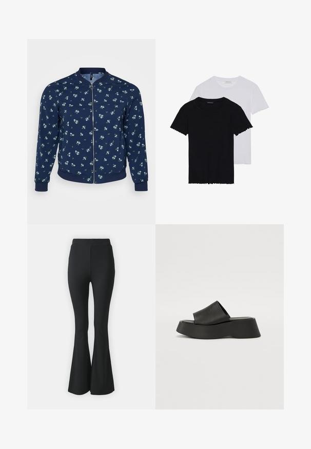 Chaqueta bomber azul marino con un patrón floral que presenta pequeñas flores azules y hojas verdes, cierre de cremallera y puños y dobladillo acanalados.; Even&Odd 2 PACK - Camiseta básica - black/white; Pantalones acampanados negros hechos de tejido elástico. Presentan una cinturilla alta y un diseño ajustado y suave que se ensancha desde la rodilla hacia abajo.; Sandalias de plataforma negras con una correa ancha y suela gruesa. Fabricadas con material suave con un acabado mate y sin herrajes visibles.