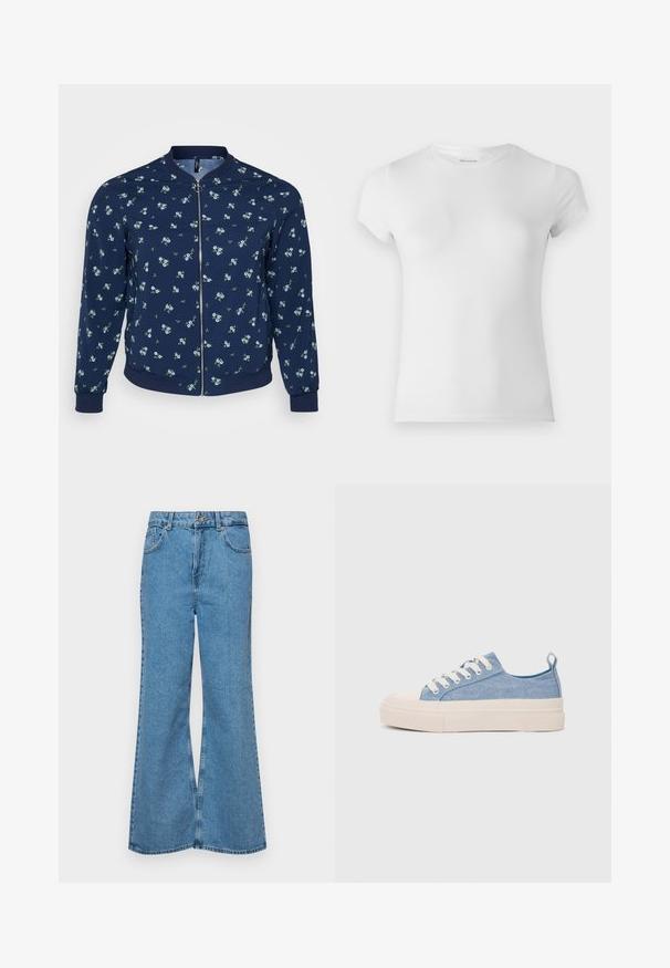 Vojaška bombaška jakna v mornarsko modri barvi z cvetličnim vzorcem, ki vključuje majhne modre rože in zelene liste, zadrgo in rebrasto manšeto ter rob.; Bela kratka majica s kratkimi rokavi iz gladkega bombaža z okroglim izrezom in oprijetim krojem, z diskretnimi šivi.; Svetlo modri razširjeni džins hlače iz denima, z visokim pasom, petimi žepi in enim gumbom za zapiranje. Mehka tekstura z blagim zbledelim videzom.; Svetlo modri platneni športni copati z kremnim gumijastim zaščitnikom na prstih in podplatom, z belimi vezalkami in zanko na peti.