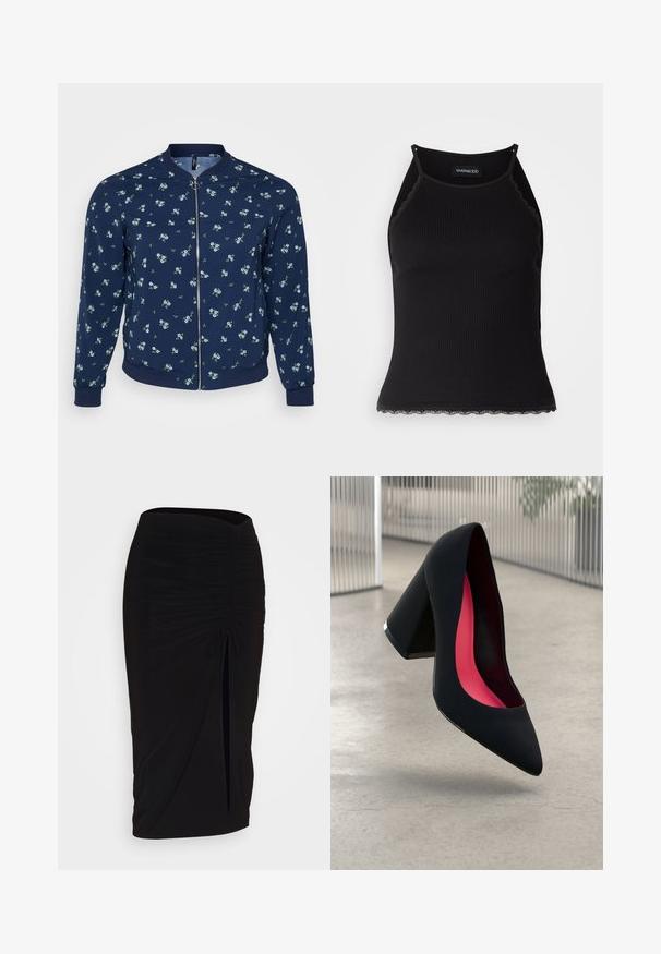 Marine bomberjack met een bloemenpatroon van kleine blauwe bloemen en groene bladeren, ritssluiting en geribde cuffs en onderrand.; Zwarte geribbelde tanktop met een scallooped kanten rand aan de onderkant. Heeft dunne bandjes en een aansluitend ontwerp. Gemaakt van rekbare stof.; Zwarte, gerimpelde kokerrok met strikdetail en een zijsplit. Gemaakt van een rekbaar stof, met een soepele textuur en een aansluitend ontwerp.; Zwarte hoge hak met een spitse neus, textuur op het oppervlak en een opvallend roze interieur. Beschikt over een chunky hak met zilveren accent.