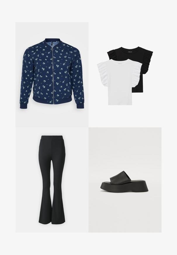 Marine bomberjack met een bloemenpatroon van kleine blauwe bloemen en groene bladeren, ritssluiting en geribde cuffs en onderrand.; Twee T-shirts met korte mouwen: eentje zwart met gerimpelde mouwen, de andere wit met gerimpelde mouwen. Beide zijn gemaakt van lichte katoen.; Zwarte flared broeken van rekbare stof. Heeft een hoge tailleband en een gladde, aansluitende pasvorm die vanaf de knie uitloopt.; Zwarte platform sandalen met een brede band en een dikke zool. Gemaakt van glad materiaal met een matte afwerking en zonder zichtbare hardware.