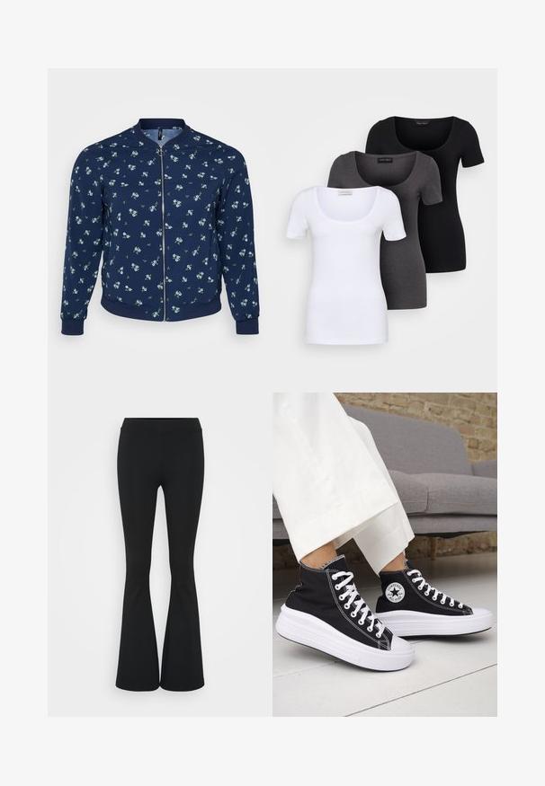 Giacca a bomber navale con motivo floreale, caratterizzata da piccoli fiori blu e foglie verdi, chiusura con zip e polsini e orlo a costine.; Tre T-shirt aderenti in bianco, grigio e nero. Ognuna presenta un ampio scollo a barca e maniche corte. Realizzate in un tessuto morbido e elastico.; Pantaloni neri a zampa d'elefante realizzati in tessuto elasticizzato, con una vita alta e una superficie liscia. I pantaloni si allargano a partire dal ginocchio.; Sneakers nere alte con suole e lacci in gomma bianca. Presentano una toppa con logo rotondo e cuciture a contrasto bianche. Materiale in tela.