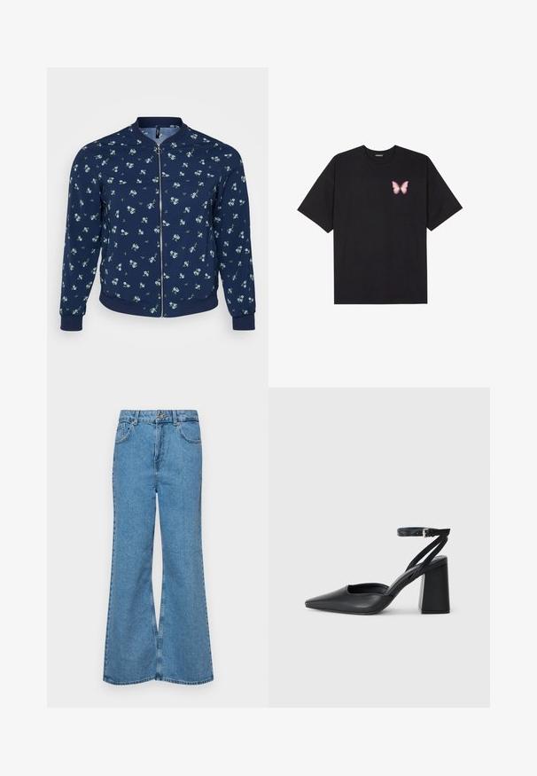 Blouson aviateur marine avec un motif floral composé de petits fleurs bleues et de feuilles vertes, fermeture éclair, et poignets et ourlet côtelés.; T-shirt en coton noir à manches courtes, avec un petit graphique de papillon rose sur la poitrine gauche. Modèle à col rond avec une coupe décontractée.; Jean flare bleu clair en denim, avec une taille haute, cinq poches et une fermeture à un bouton. Texture douce avec une finition décolorée.; Escarpin noir en cuir à bout pointu avec une bride de cheville et un talon épais. Texture lisse, design élégant et esthétique minimaliste.