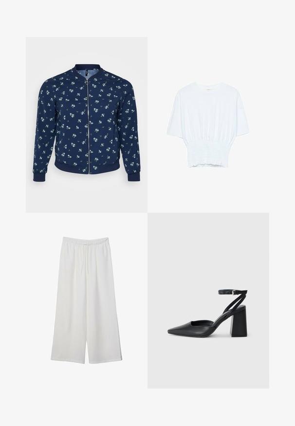 Marineblaue Bomberjacke mit floralem Muster, das kleine blaue Blumen und grüne Blätter zeigt, Reißverschluss und gerippte Bündchen und Saum.; Weißes T-Shirt mit kurzen Ärmeln, lockerer Passform und gerafftem Stoff an der Taille. Aus weichem, leichtem Material gefertigt.; Weiße, weit geschnittene Hosen aus leichtem Stoff, mit einem elastischen Bund und einem Zugband für eine verstellbare Passform. Glatte Textur.; Schwarze Leder-Pumps mit spitzer Zehe, einem Knöchelriemen und einem blockigen Absatz. Flache Textur, elegantes Design und minimalistische Ästhetik.