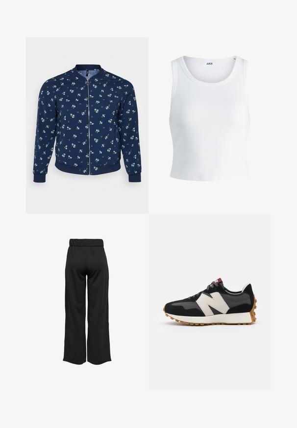 Marineblaue Bomberjacke mit floralem Muster, das kleine blaue Blumen und grüne Blätter zeigt, Reißverschluss und gerippte Bündchen und Saum.; Weißes, geripptes Tanktop mit rundem Halsausschnitt, ärmellosem Design und kurzer Länge. Das Etikett trägt die Aufschrift "JJXX". Glatte Stoffstruktur.; Schwarze, weit geschnittene Hose mit elastischem Bund, aus glattem Stoff gefertigt. Hat ein cleanes Design ohne Taschen oder sichtbare Nähte.; Schwarze und graue Wildledersneaker mit einem großen cremefarbenen "N"-Logo, lila Schnürsenkeln und einer strukturierten Gummisohle.