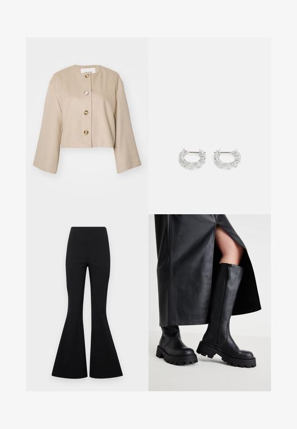 Skåret beige jakke med rund halsudskæring, fem store knapper og brede ærmer. Fremstillet af blødt materiale med en glat tekstur.; To stribede toppe i sort og hvid, lavet af ribbet bomuld, med runde halsudskæringer og en tætsiddende pasform. Etiketter synlige på begge.; Sorte flarebukser lavet af strækbart stof med en glat tekstur, med høj talje og brede ben i klokkeform.; Sorte knæhøje støvler med en kraftig sål, glat lædertekstur, sidezipper og minimalistisk design, parret med en sort nederdel med slids.; Sølv hoop øreringe med klare, rektangulære og triangulære krystaller arrangeret i et mønstret design. Stik til sikker fastgørelse.
