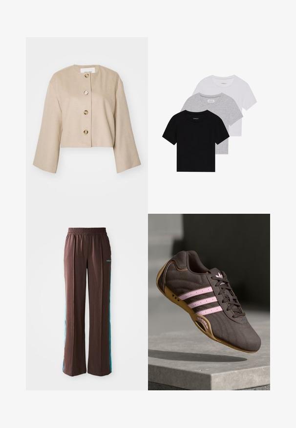 Skrajšani bež jopič z okroglim izrezom, petimi velikimi gumbi in širokimi rokavi. Narejen iz mehke snovi z gladko teksturo.; Komplet treh majic s kratkimi rokavi v črni, sivi in beli barvi. Izdelane iz bombaža, z okroglim izrezom in preprostim, enobarvnim dizajnom.; Rjave športne hlače z ribasto teksturo, elastičnim pasom in turkiznimi stranskimi črtami. Na sprednji strani je logotip adidas.; Rjave semiš tene za šport z rožnatimi črtami in logotipom, ki imajo teksturirano zgornji del, vezalke in podplat iz gume.