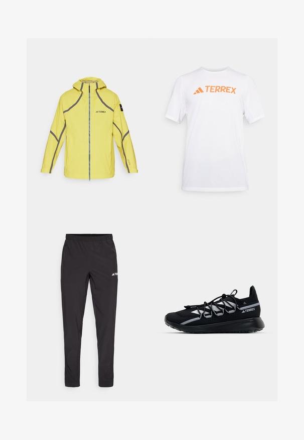 Geel waterdichte jas met capuchon, contrasterende grijze accenten, ritssluiting en 'TERREX' logo. Heeft lange mouwen en verstelbare manchetten.; Witte sportieve T-shirt met korte mouwen, gemaakt van ademend materiaal, met een oranje "TERREX" logo op de borst. Eenvoudig ontwerp met strakke lijnen.; Zwarte sportbroek met een elastieke tailleband, twee zijzakken met rits en een logo op de bovenkant van het rechterbeen. Soepele, lichte stof.; Zwarte sportieve schoen met een mesh bovenkant, reflecterende accenten, elastische veters en een getextureerde rubberen zool. Beschikt over een gestroomlijnd ontwerp voor optimale prestaties.