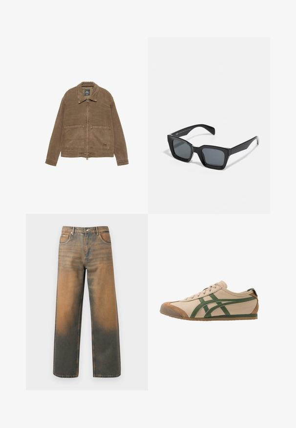 Brun zip-up jakke med krave, to forreste patch-lommer og synlige sømdetaljer. Fremstillet af tekstureret stof.; Hvid hættetrøje med et stort trykt identifikationskortdesign i blå, gul og sort, med en frontlomme og snoretræk i hætten.; Videbenede jeans i slidte blå og brune denim. Har høj talje, forlommer og en klassisk knaplukning med metaldetaljer.; Beige lædersneaker med grønne accenter, der har en rund tå, flad sål og ruskindsdetaljer på tåkap og hæl.; Sorte rektangulære solbriller med mørke linser. Plastisk stel med højglans finish, der har en bred næsebro og let tilspidsede arme.