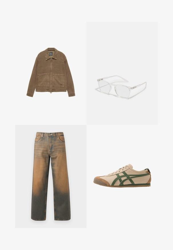 Brązowa kurtka zapinana na zamek z kołnierzem, dwoma przednimi kieszeniami naszytymi i widocznymi detalami przeszycia. Wykonana z teksturowanej tkaniny.; Zielona oliwkowa sweter dzianinowy z okrągłym dekoltem, długimi rękawami i prążkowanymi mankietami. Miękka tekstura i luźny krój, z lekko skróconym pasem.; Jeansy o szerokich nogawkach w przetartym niebieskim i brązowym denimp. Posiadają wysoki stan, przednie kieszenie oraz klasyczne zapięcie na guzik z metalowymi akcentami.; Beżowe skórzane trampki z zielonymi akcentami, z okrągłym czubkiem, płaską podeszwą i zamszowymi detalami na czubku i pięcie.; CHPO ZEBBE UNISEX - Okulary z filtrem światła niebieskiego