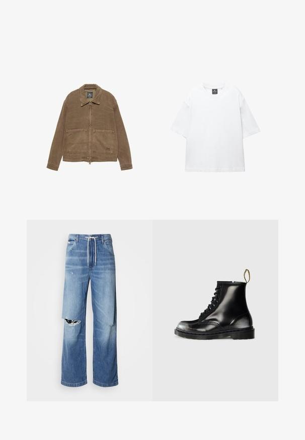 Brun zip-up jakke med krave, to forreste patch-lommer og synlige sømdetaljer. Fremstillet af tekstureret stof.; Hvid kortærmet T-shirt lavet af bomuld, med rund halsudskæring og løs pasform med lige kant. Ingen mønstre eller udsmykninger.; Lysblå denimjeans med en løs pasform, der har en hvid snor i taljen og tydelige riv på forsiden, som viser frynset kanter.; Sorte læder ankelstøvler med en blank finish, otte huller, sorte snørebånd og et trækstrop. Har en tekstureret sål med mønster.