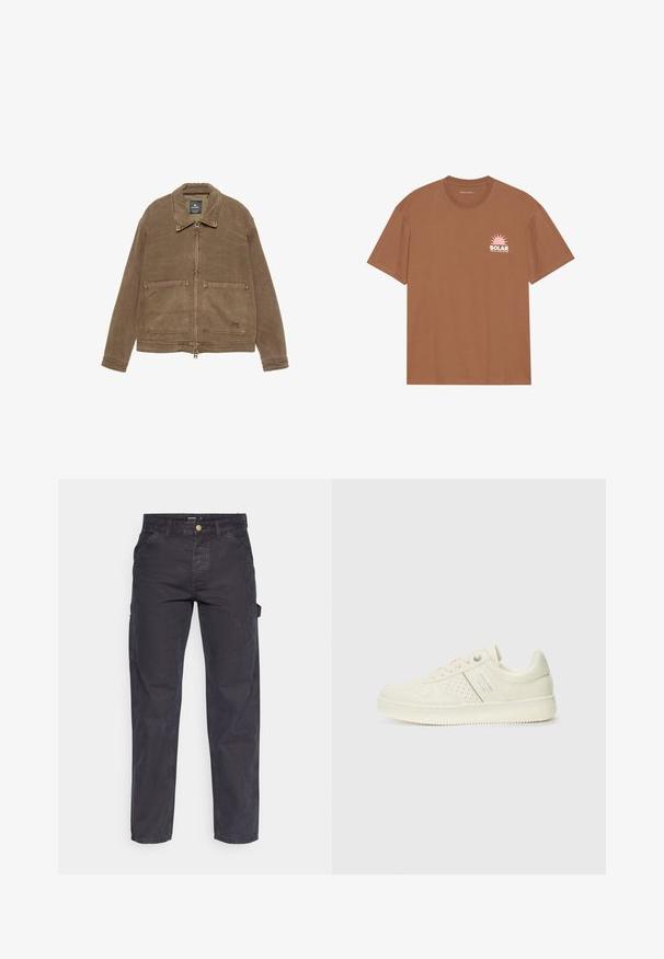 Bruine zip-up jas met een kraag, twee voorste opgestikte zakken en zichtbare stikdetails. Gemaakt van een gestructureerde stof.; Bruine T-shirt met korte mouwen van katoen, met een roze zonafbeelding en de tekst "SOLAR" op de linkerborst. Crew neck ontwerp.; Donkergrijze cargobroek van duurzaam materiaal, met een rechte pijp, vijf zakken en een knoopsluiting in de taille.; Crème-kleurige sneaker met geperforeerde details, veters en een logo aan de zijkant, weergegeven tegen een eenvoudige witte achtergrond.