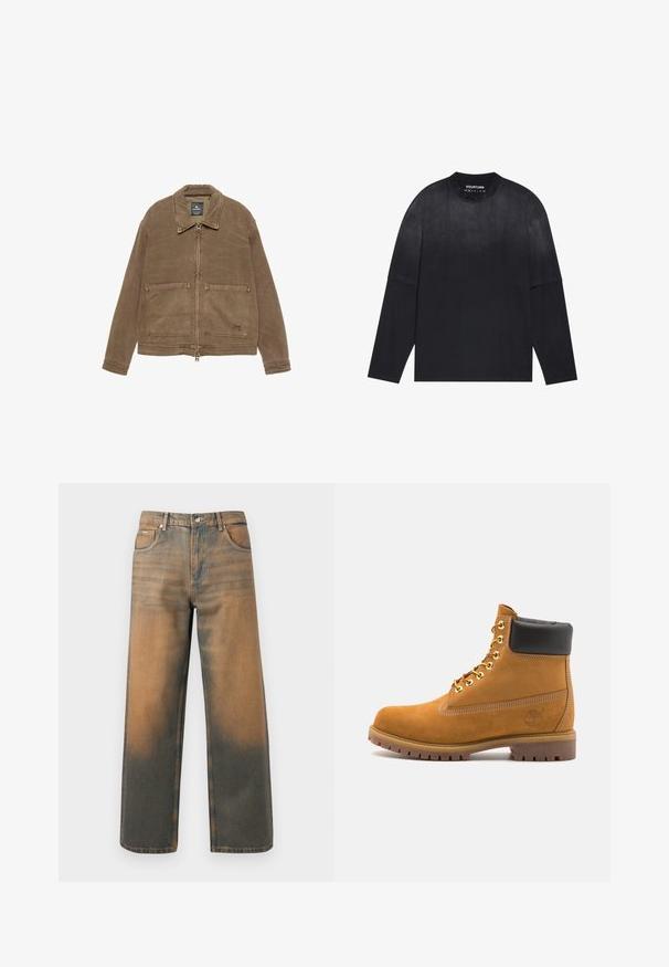 Bruine zip-up jas met een kraag, twee voorste opgestikte zakken en zichtbare stikdetails. Gemaakt van een gestructureerde stof.; Langdurige zwarte t-shirt met lange mouwen, gemaakt van zachte stof; heeft een ronde hals, een losse pasvorm en een fijne gradiënt van licht naar donker.; Wijd-uitlopende jeans in verouderd blauw en bruin denim. Heeft een hoge taille, voorzakken en een klassieke knoopsluiting met metalen accenten.; Tan suède enkelboot met zwart gevoerd kraagje, gouden metalen oogjes, witte stikdetails en een robuuste rubberen zool met uitgesproken profiel.