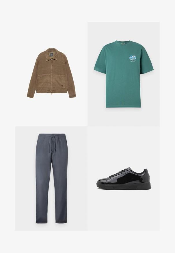 Bruine zip-up jas met een kraag, twee voorste opgestikte zakken en zichtbare stikdetails. Gemaakt van een gestructureerde stof.; Groene katoenen T-shirt met korte mouwen, met een kleine, kleurrijke grafische afbeelding op de linkerborst. Lichtgewicht, normale pasvorm.; Grijze broek van gladde stof, met een trekkoordsluiting en zijzakken. Recht model met een nette afwerking.; Zwarte gepoetste lederen sneakers met een ronde neus, platte rubberen zool en zwarte veters. Glad, glanzend oppervlak op de bovenzijde.