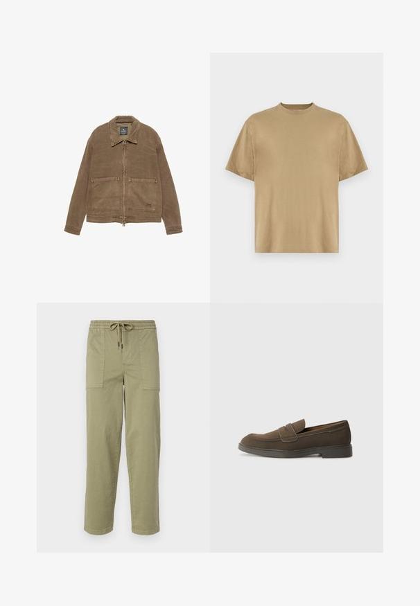 Barna zipzáros kabát, gallérral, két elülső zsebbel és látható varrási részletekkel. Texturált anyagból készült.; Khaki színű, rövid ujjú póló, puha anyagból készült, kerek nyakkivágással és lazább fazonnal. Minták vagy grafikák nem láthatók.; Világos olíva zöld színű, pamut keverékből készült nadrág, rugalmas derékrésszel és zsinórral, valamint két nagy oldalzsebbel.; Barna velúr loafer, lekerekített orral, egy csíkkal a lábfejen, és lapos gumitalppal. Egyszerű dizájn, letisztult vonalakkal és minimális részletezéssel.