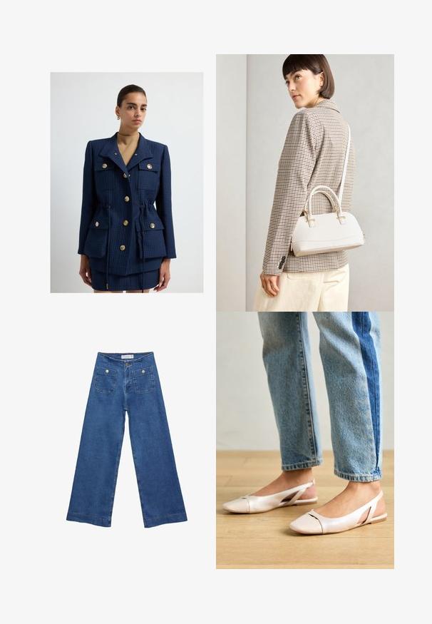 Granatowa teksturowana marynarka z złotymi guzikami, wyposażona w dwie kieszenie na piersi oraz regulowany sznurek w talii. Połączona z koordynującą spódnicą.; Czarna szara bluzka z krótkim rękawem i dekoltem w kształcie łódki. Wykonana z prążkowanej tkaniny, ma luźny krój i czyste wykończenie. Prosty design, bez wzorów.; Jeans dżinsowe o szerokich nogawkach w średnim niebieskim odcieniu, z dwiema przednimi kieszeniami zapinanymi na guziki oraz przeszyciami wzdłuż dołów nogawek.; Jasnoróżowe baleriny na odkrytej pięcie z wąskim noskiem, wykonane z gładkiego materiału imitującego skórę. Posiadają wycięcia po bokach oraz płaski obcas.; Biała torebka o strukturalnym kształcie z krótkimi uchwytami i paskiem na ramię, z złotymi akcentami i teksturowanym materiałem, prezentowana na szarym tle.