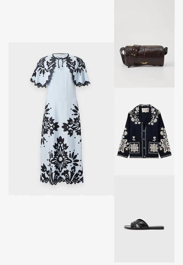 Granatowa kurtka z białymi haftami kwiatowymi, kwadratowymi kieszeniami i zapięciem na guziki. Materiał wydaje się teksturowany i trwały, z klasycznym wzorem kołnierza.; Jasnoniebieska sukienka w czarne kwiatowe wzory, krótki rękaw w kształcie kaptura, okrągły dekolt i falbaniasty dół. Zawiązywana na szyi dla zabezpieczenia.; Czarne klapki z gładkiej skóry, z krzyżującymi się paskami i wycięciami, oraz płaską, elastyczną podeszwą.; Brązowa torba ze skóry z tłoczeniem krokodyla w kształcie cylindrycznym, z metalowymi elementami w kolorze złotym oraz odczepianym paskiem z ćwiekami.